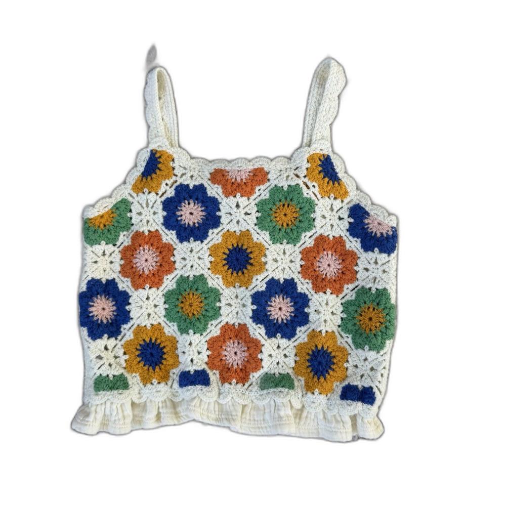 Rare Editions 100% Cotton Floral Crochet Tank Top Granny Square Multicolor Sz S